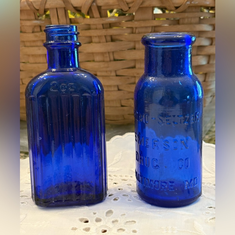 Antique Bottles COBALT BLUE Poison & Bromo Seltzer Beautiful Excellent Condition